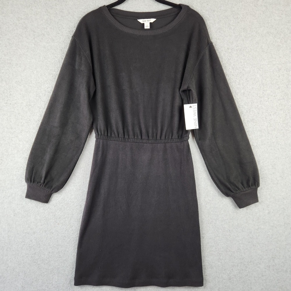 Nine West Women Knit Dress Long Sleeve Elastic Waist Charcoal Gray Size S
